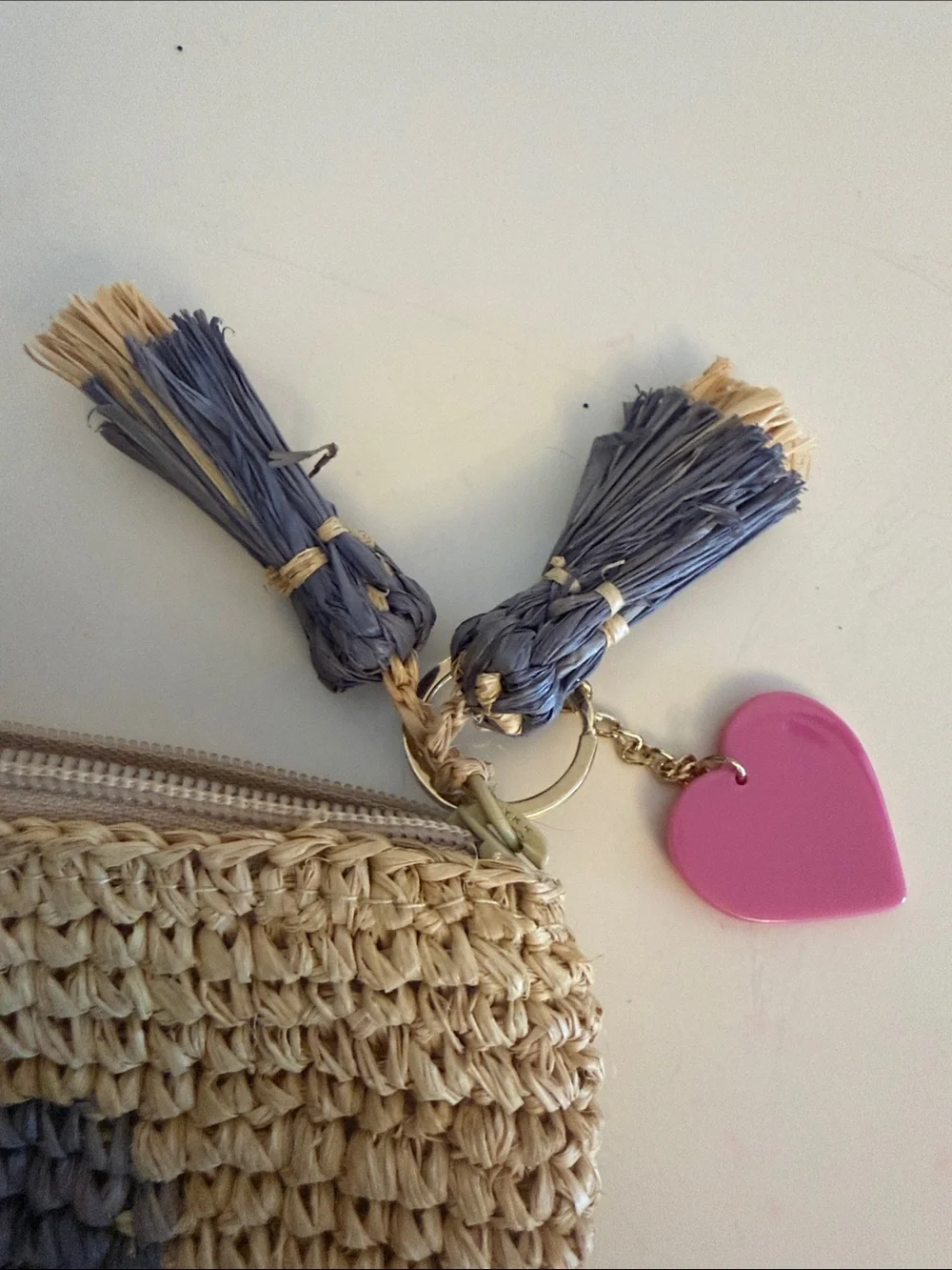 Aerin Natural Straw Cosmetic Pouch with Gray Heart